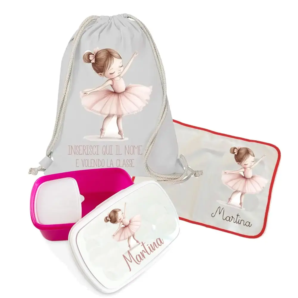Sacca Zaino cotone Ballerina + tovaglietta americana + portamerenda personalizzabili
