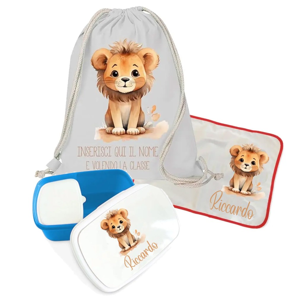 Sacca Zaino cotone Leone + tovaglietta americana + portamerenda personalizzabili