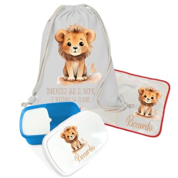 Sacca Zaino cotone Leone + tovaglietta americana + portamerenda personalizzabili