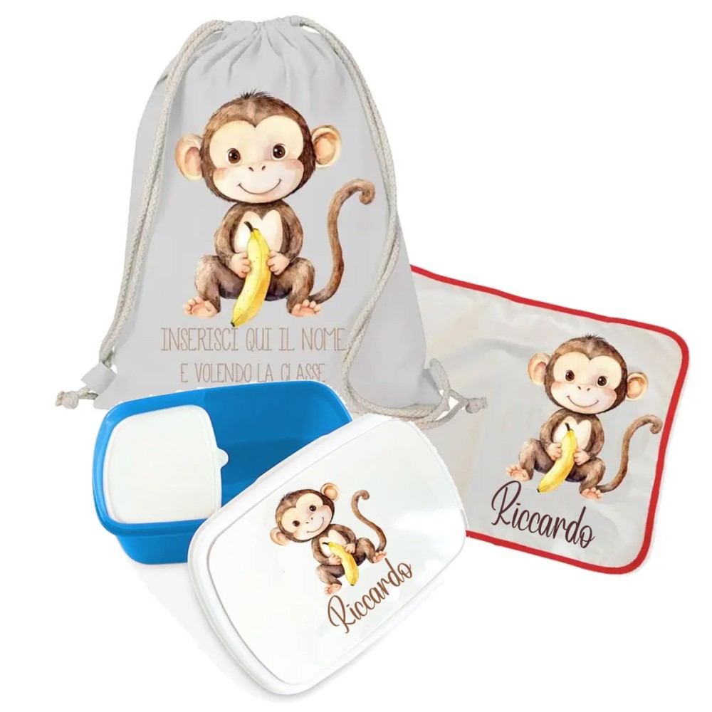 Sacca Zaino cotone Scimmia + tovaglietta americana + portamerenda personalizzabili