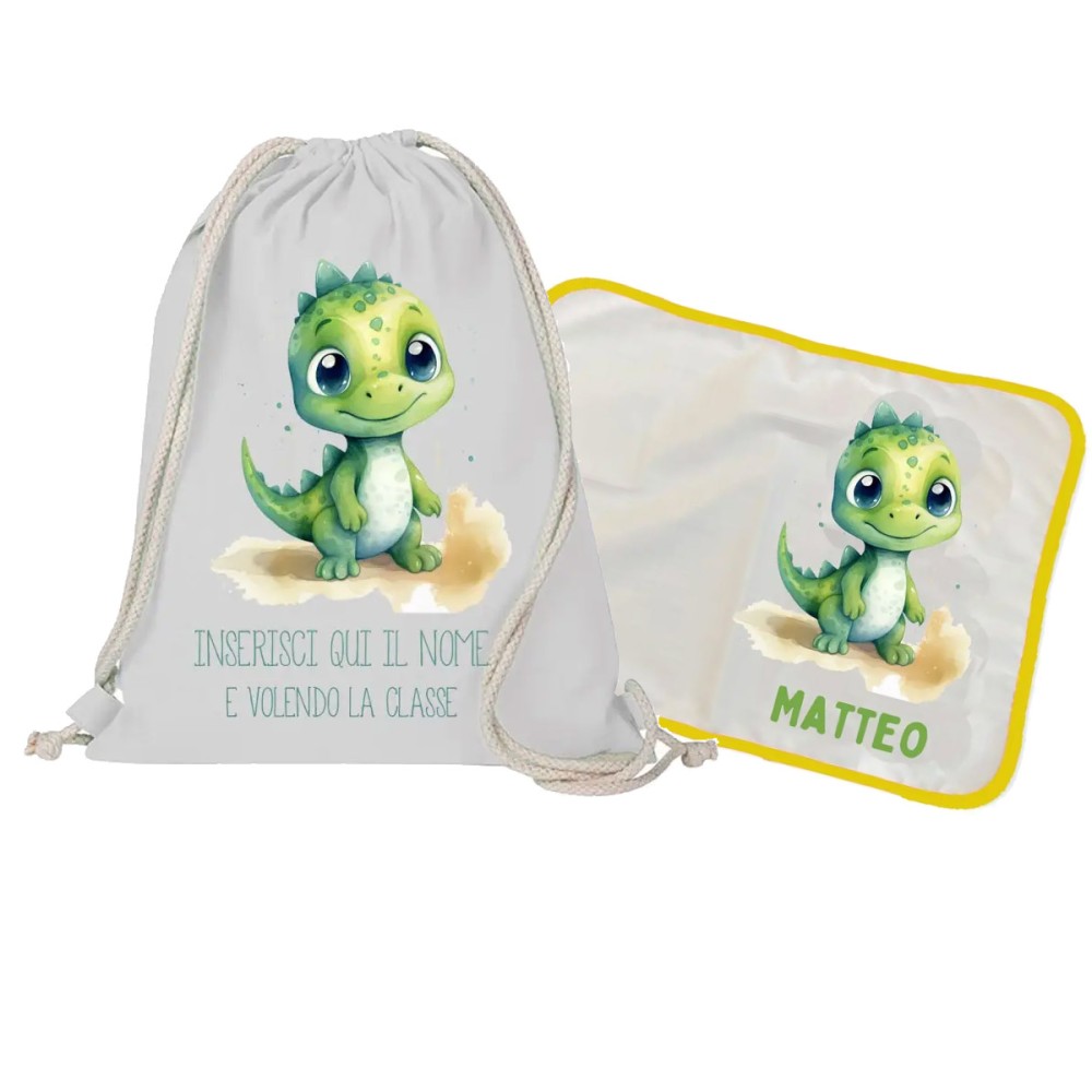 Sacca Zaino in cotone + tovaglietta americana Dinosauro personalizzabili