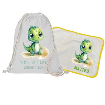 Sacca Zaino in cotone + tovaglietta americana Dinosauro personalizzabili