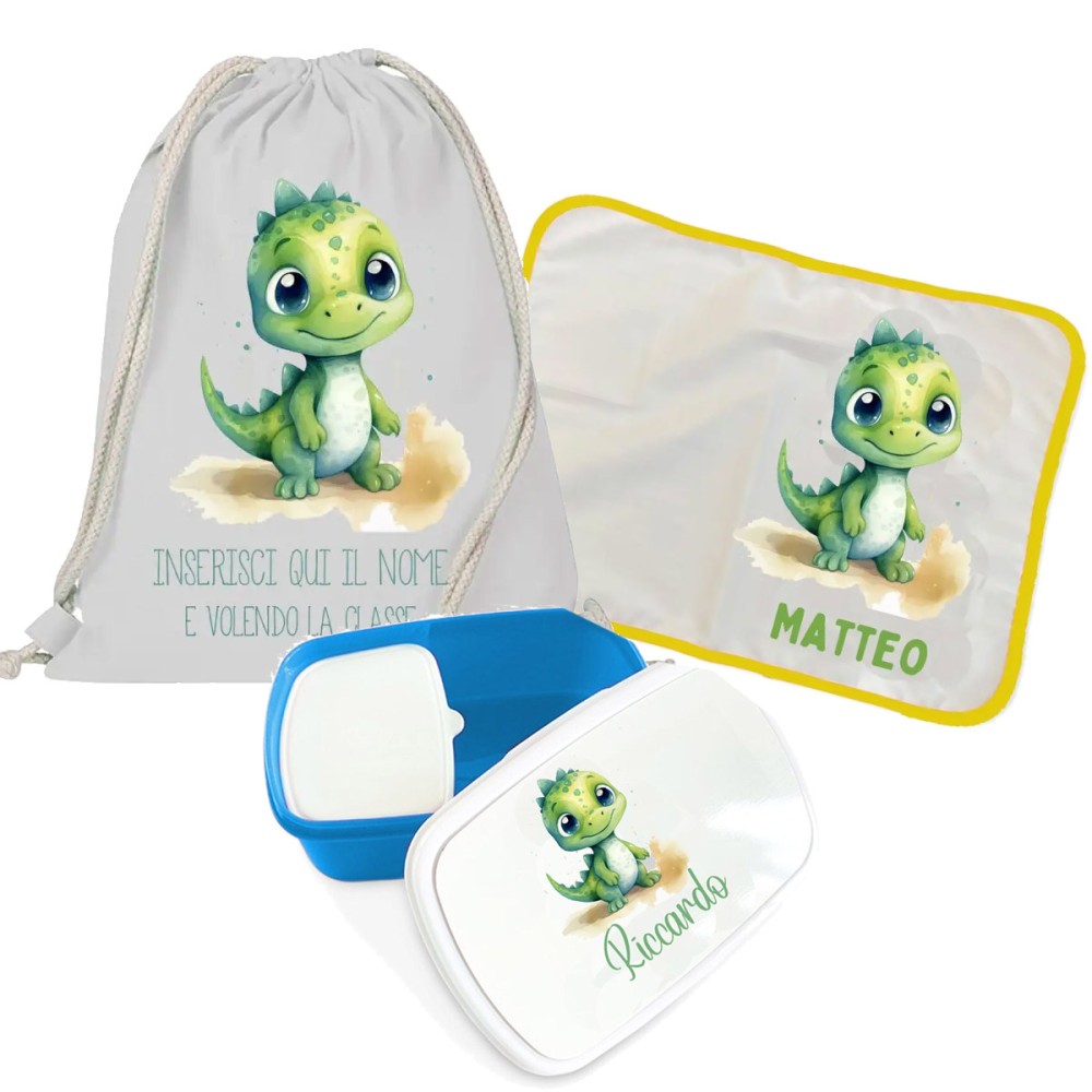 Sacca Zaino cotone Dinosauro + tovaglietta americana + portamerenda personalizzabili