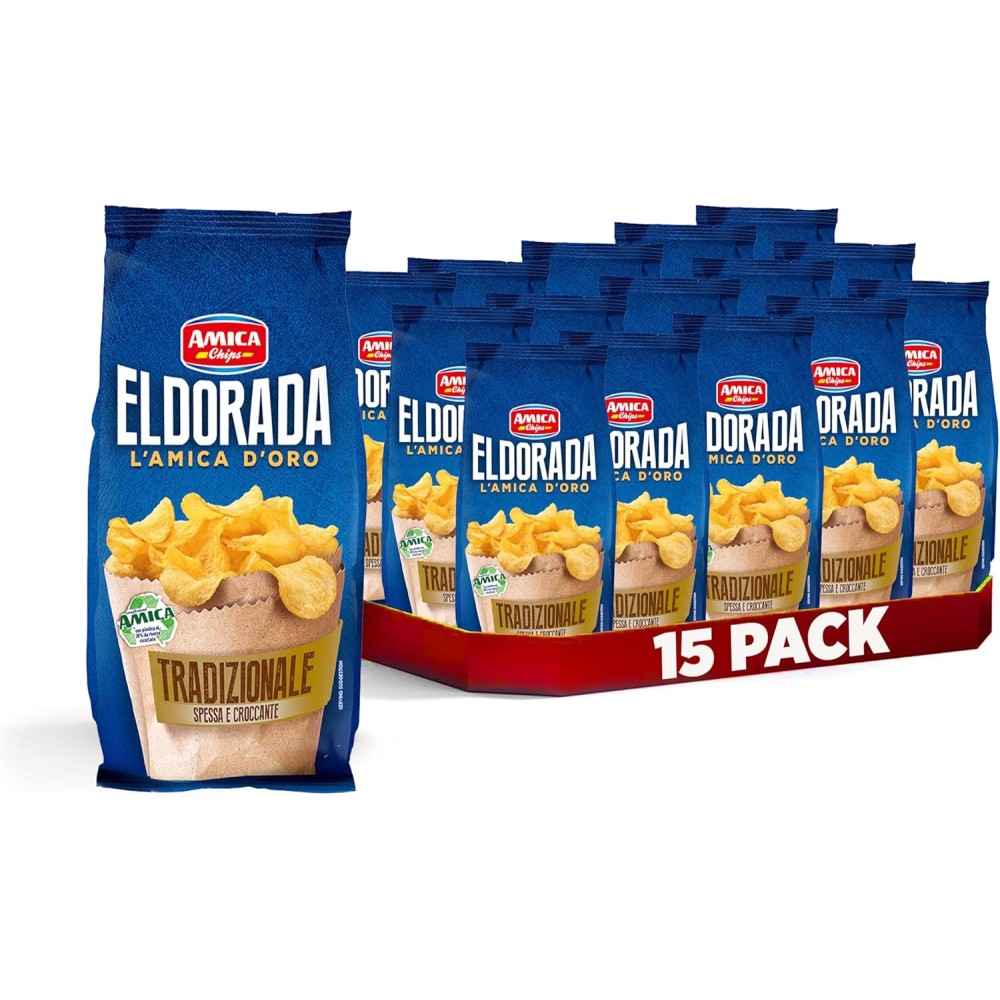 AMICA Chips | Eldorada Patatine Ricetta Tradizionale, Lenta Cottura, Taglio Spesso e Croccante, Senza Glutine, 15 Pezzi x 130 gr