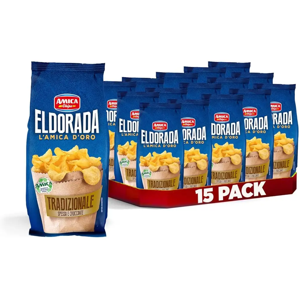 AMICA Chips | Eldorada Patatine Ricetta Tradizionale, Lenta Cottura, Taglio Spesso e Croccante, Senza Glutine, 15 Pezzi x 130 gr
