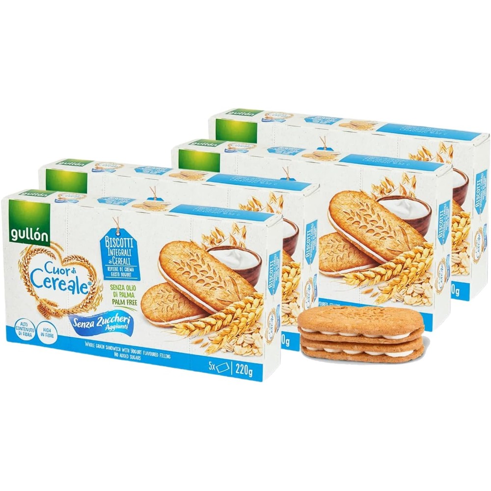 4X Gullon Cuor di Cereale Biscotti Integrali Senza Zuccheri Aggiunti 220g 4 Conf.