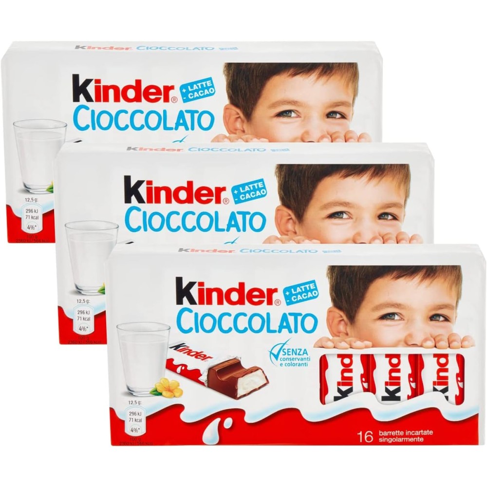 3 Kinder Cioccolato Barrette di Cioccolato 16 Barrette 200g [3 Confezioni]