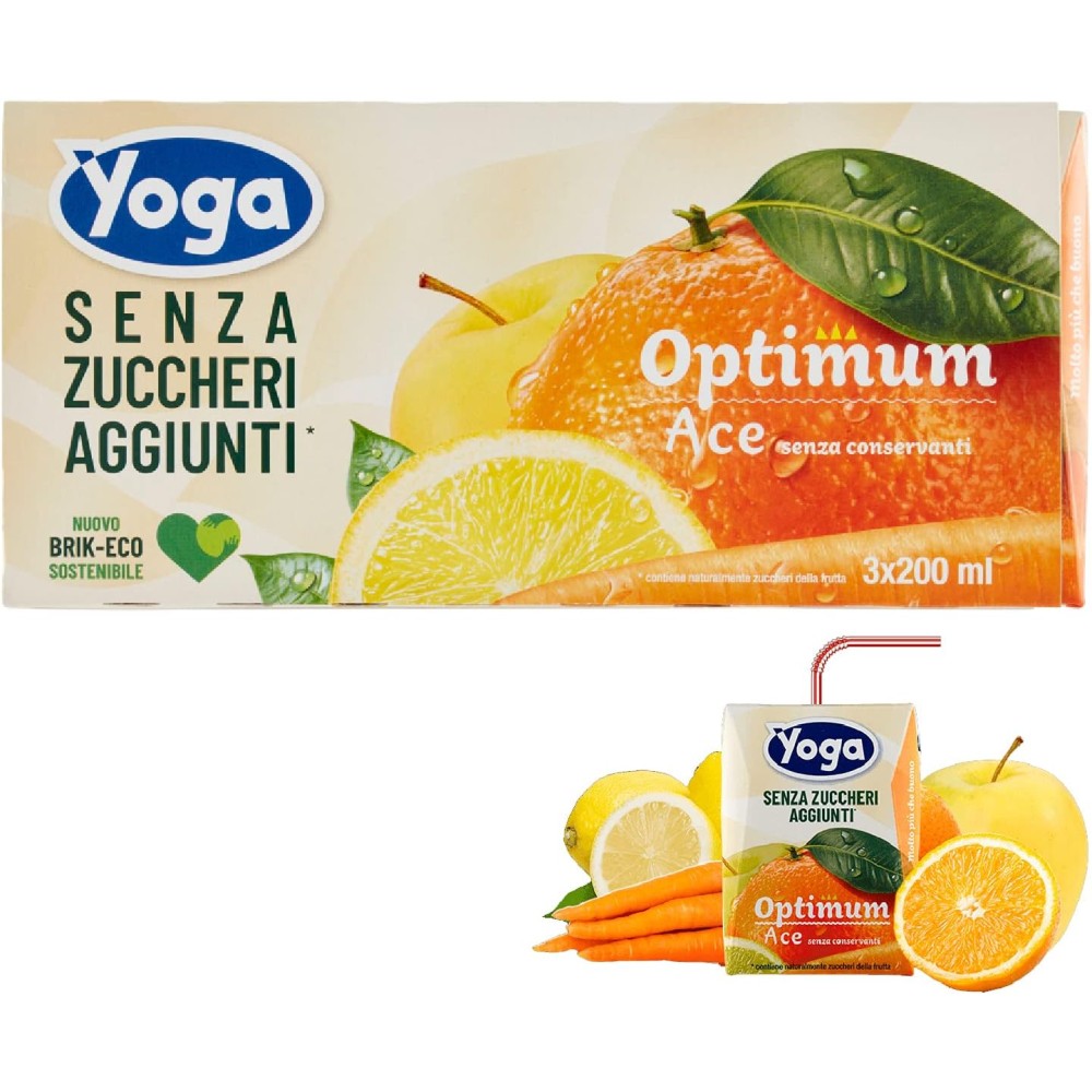 8 CONFEZIONI SUCCO DI FRUTTA YOGA SENZA ZUCCHERI OPTIMUM ACE 3 X 200 ML BRIK