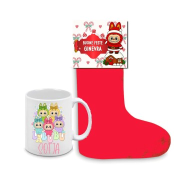Calza della befana Labubu con etichetta e tazza personalizzabili