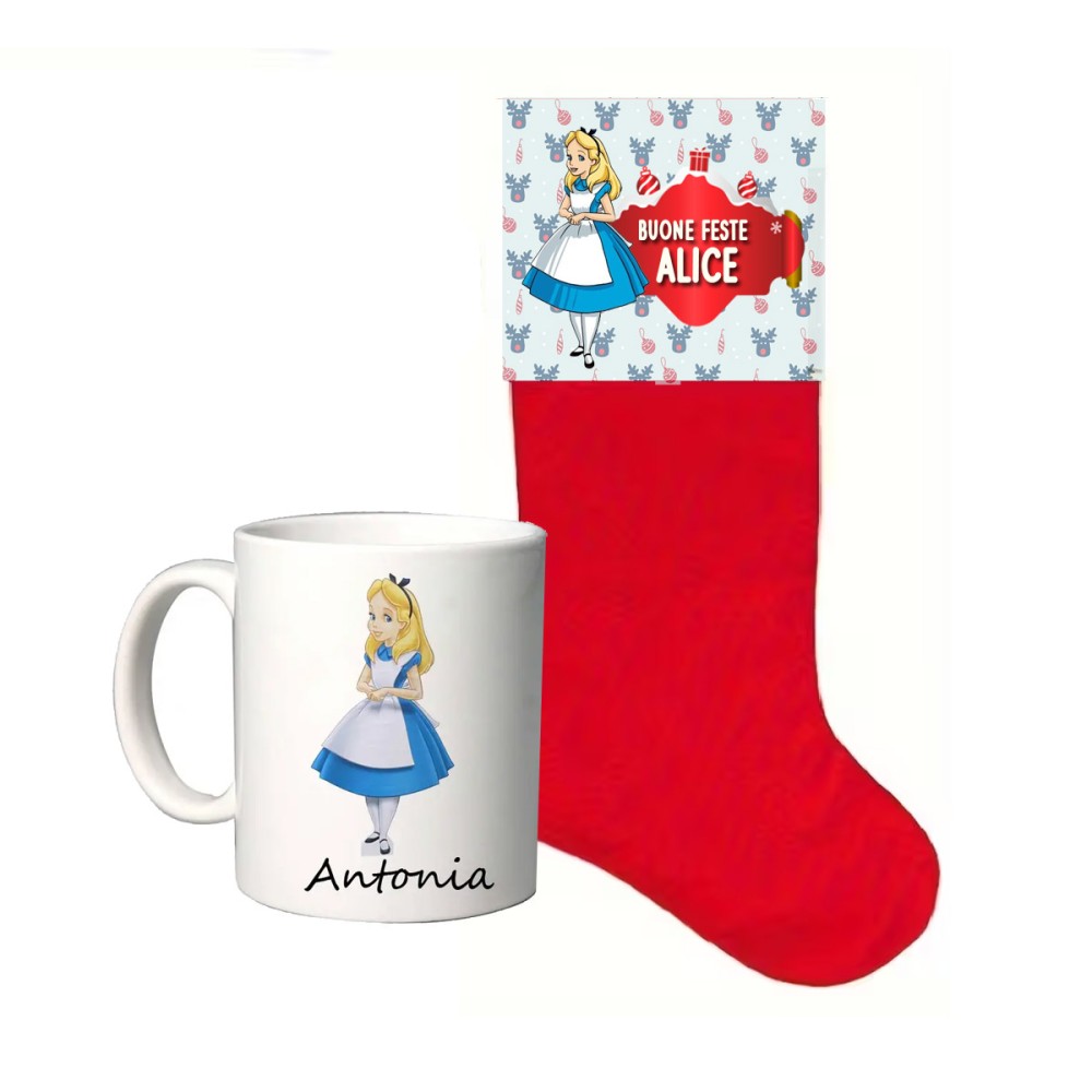 Calza della befana Alice nel paese delle meraviglie con etichetta e tazza personalizzabili