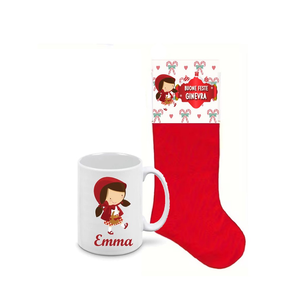 Calza della befana Cappuccetto Rosso con etichetta e tazza personalizzabili