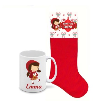 Calza della befana Cappuccetto Rosso con etichetta e tazza personalizzabili