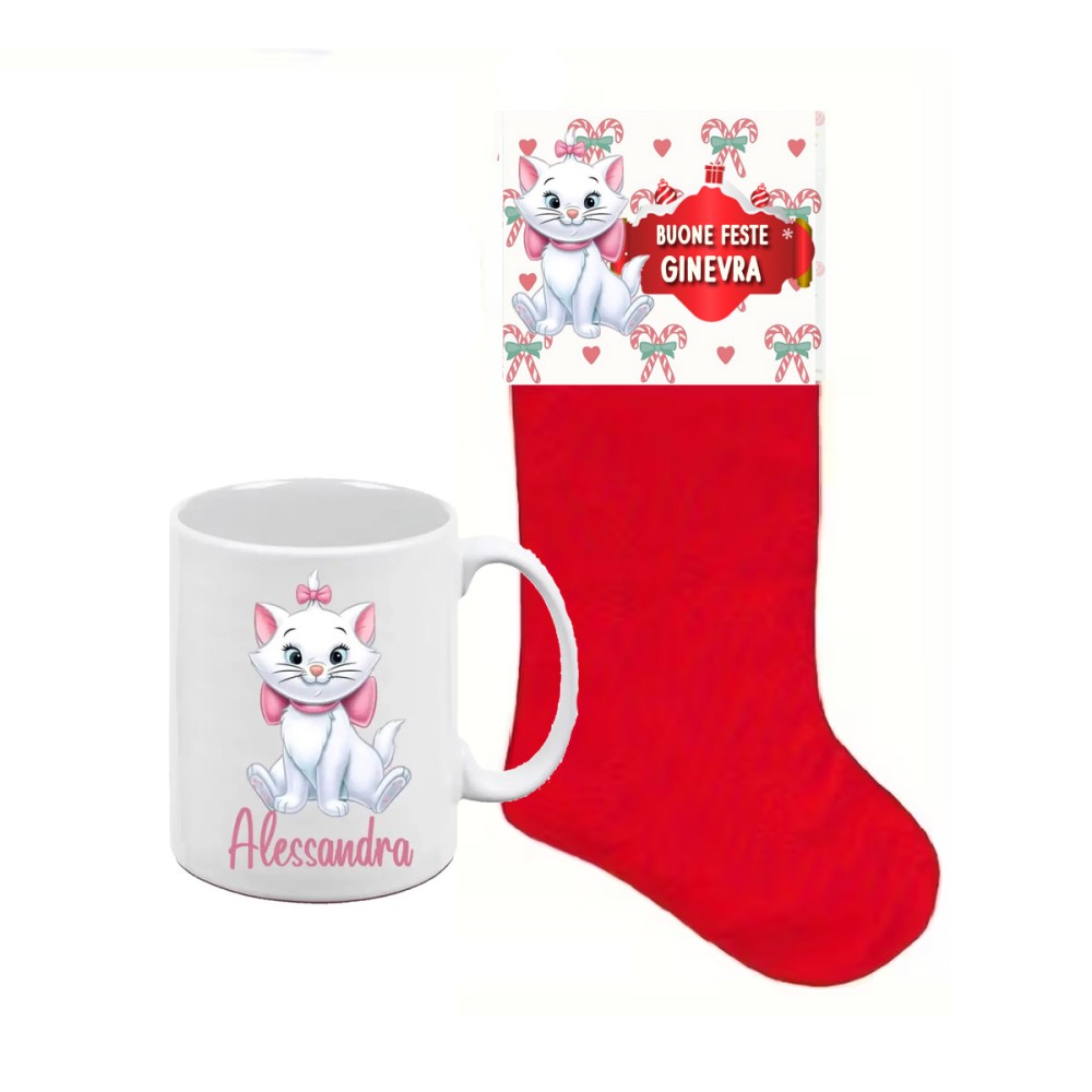 Calza della befana Gattina Marie Minù con etichetta e tazza personalizzabili