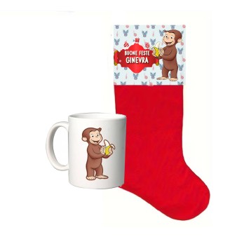 Calza della befana Curioso come George con etichetta e tazza personalizzabili