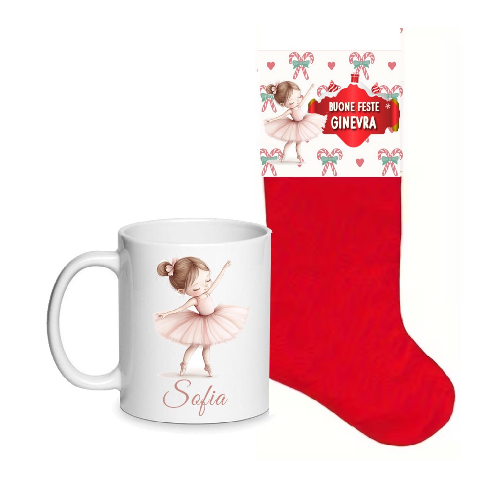 Calza della befana Ballerina con etichetta e tazza personalizzabili