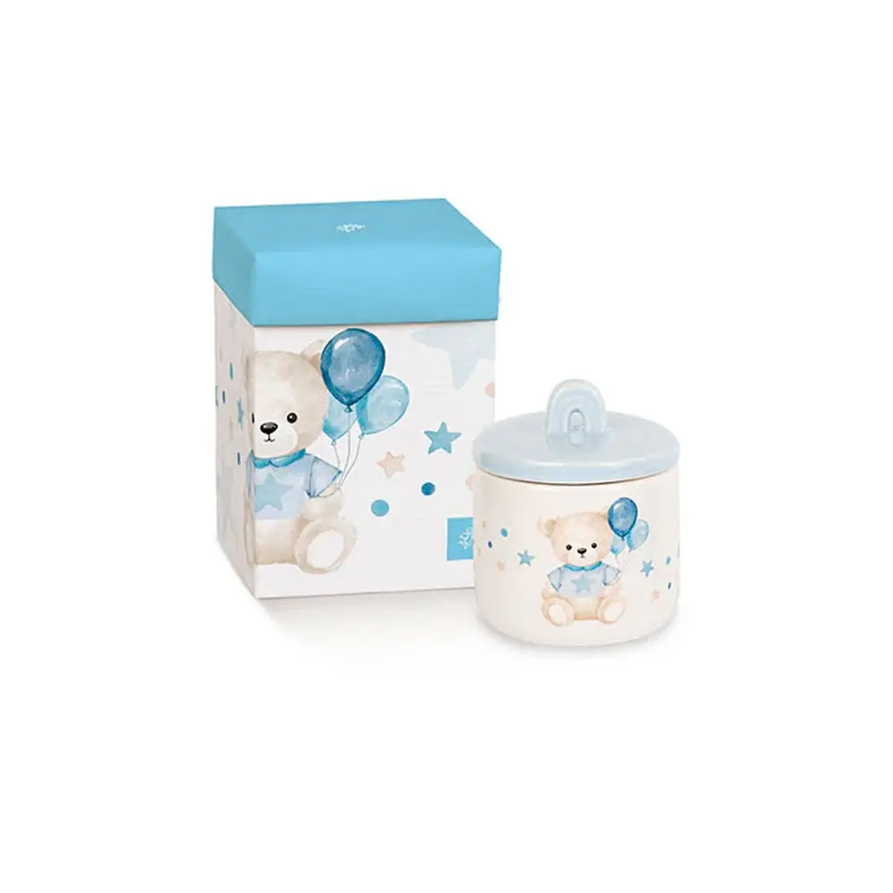 Candela orsetto celeste con palloncini con scatola 60 x h 75 mm - 249188