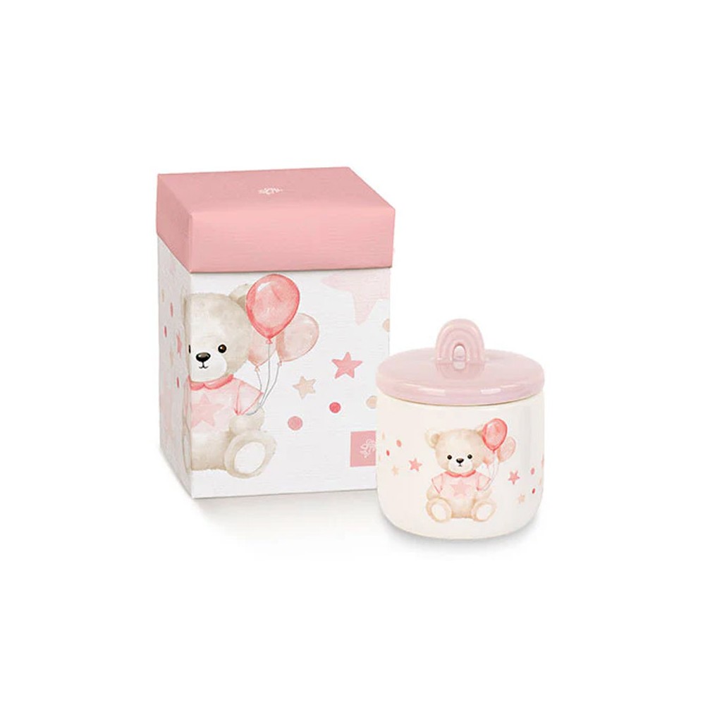 Candela orsetto rosa con palloncini con scatola 60 x h 75 mm - 249195