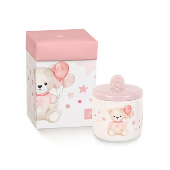 Candela orsetto rosa con palloncini con scatola 60 x h 75 mm - 249195