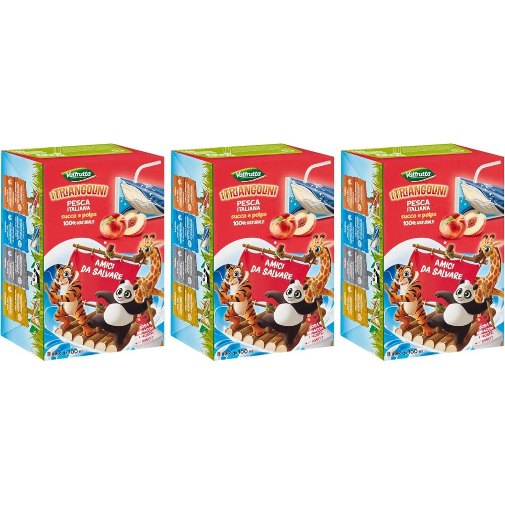 3X Valfrutta Triangolini Succhi di Frutta Pesca 100% Naturale Scatola 8x100ml
