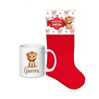 Calza della befana Leoncino con etichetta e tazza personalizzabili