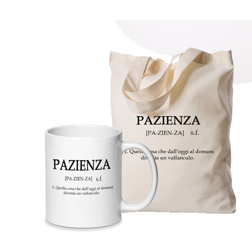 Tazza + shopper Pazienza con descrizione divertente personalizzabili