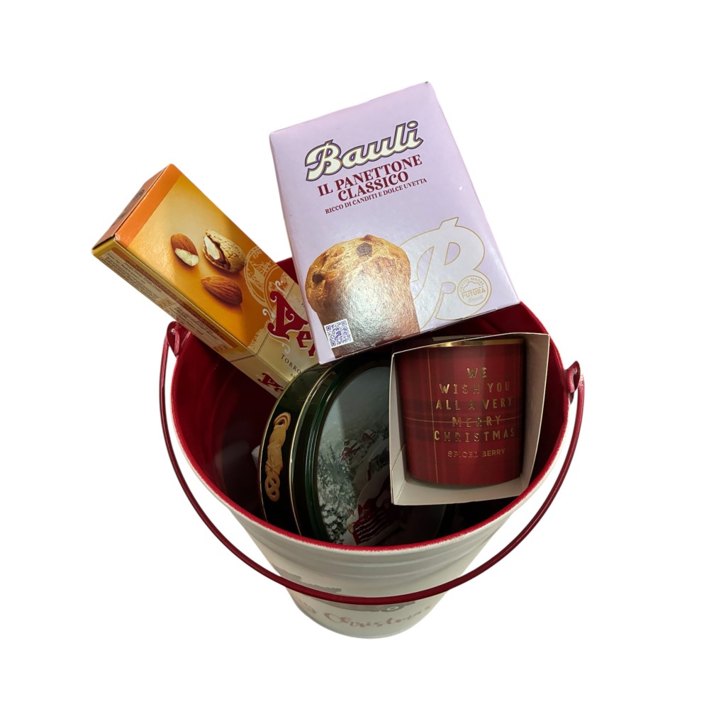 Set regalo natalizio con Porta pianta il latta, dolciumi e candela