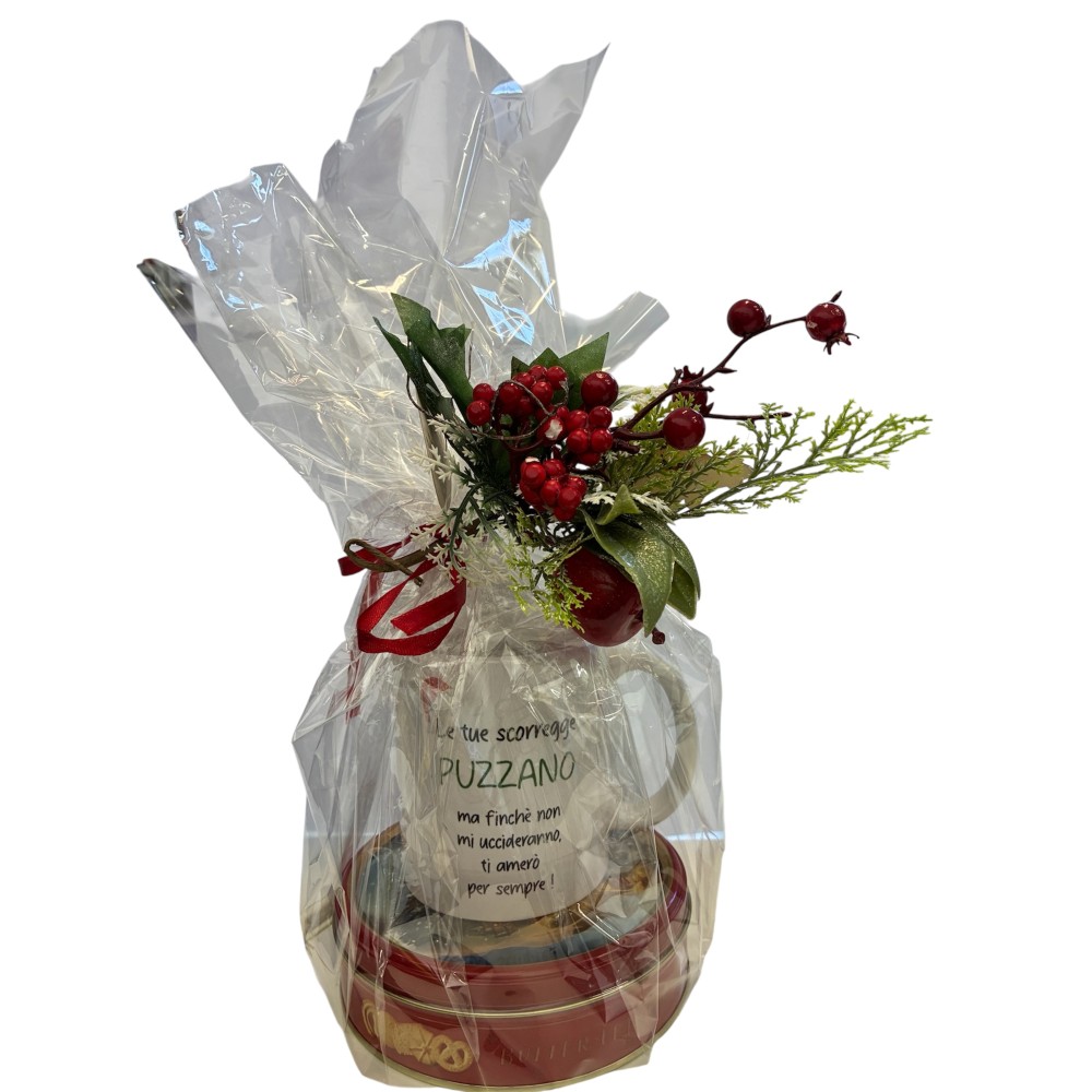 Set regalo Box latta biscotti natalizi 114 g + tazza con frase divertente
