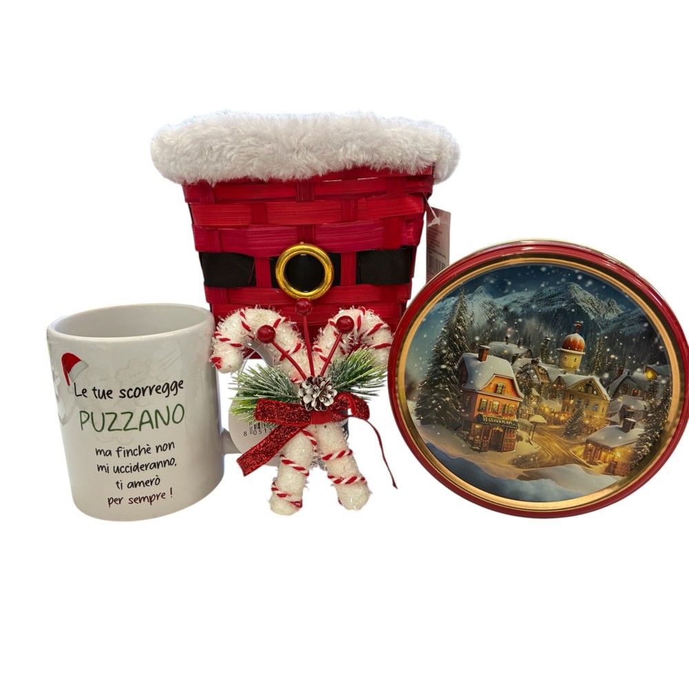 Cestino regalo natalizio confezionato con tazza "scorregge" + box biscotti 114 g