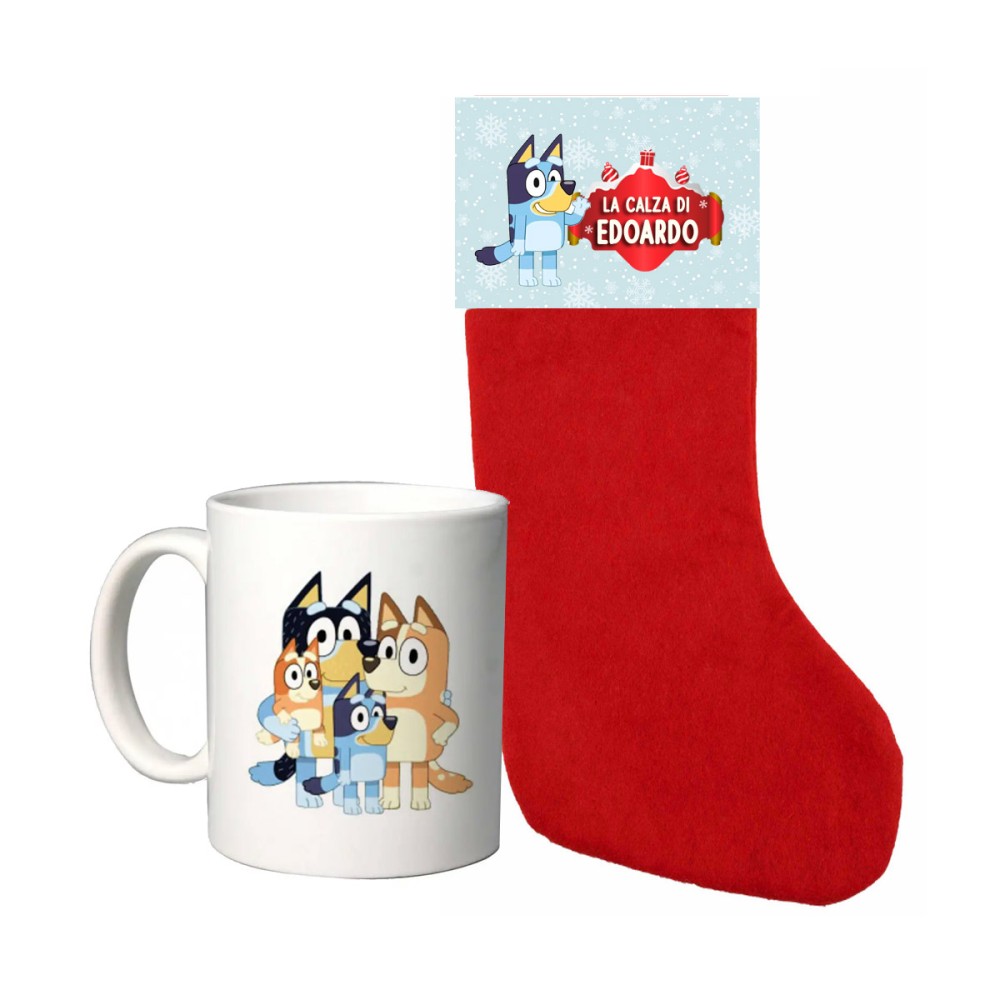 Calza della befana Bluey con etichetta e tazza personalizzabili