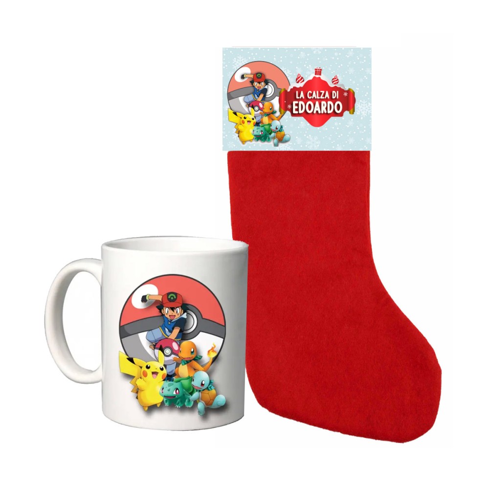 Calza della befana Pokemon con etichetta e tazza personalizzabili