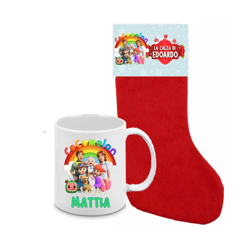 Calza della befana Cocomelon con etichetta e tazza personalizzabili
