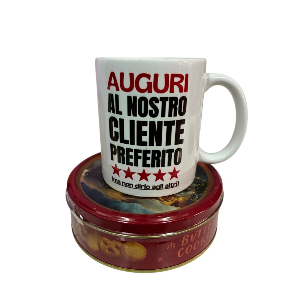 Tazza gadget Natalizia Auguri al nostro cliente preferito + biscotti