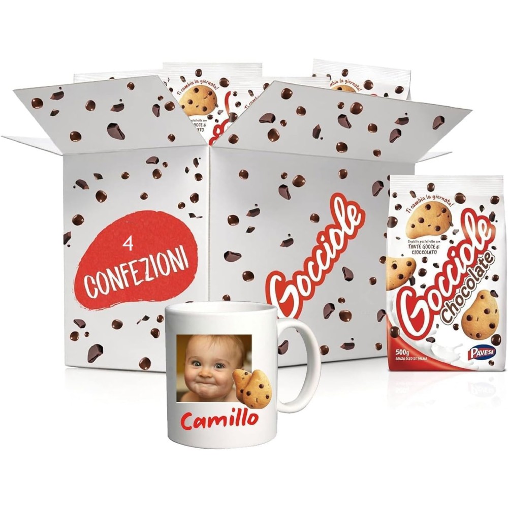 Biscotti Frollini Gocciole Cioccolato, 4 Pacchi da 500 g + Tazza in ceramica bianca personalizzabile