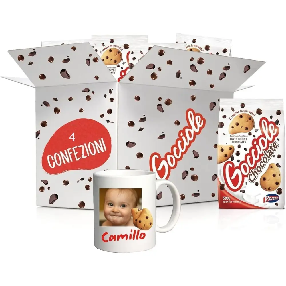 Biscotti Frollini Gocciole Cioccolato, 4 Pacchi da 500 g + Tazza in ceramica bianca personalizzabile