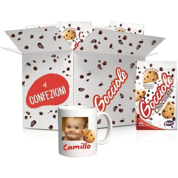 Biscotti Frollini Gocciole Cioccolato, 4 Pacchi da 500 g + Tazza in ceramica bianca personalizzabile