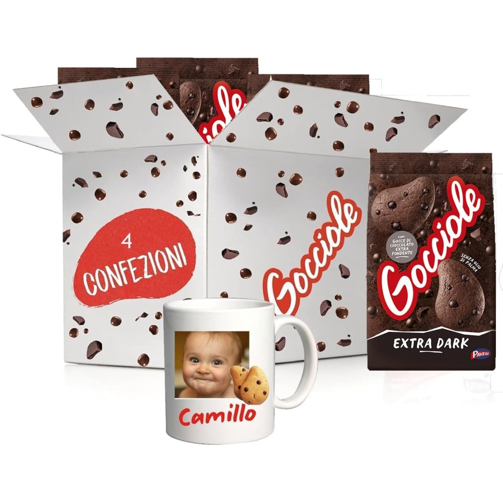 Biscotti Frollini Gocciole extra dark 4 Pacchi + Tazza in ceramica bianca personalizzabile