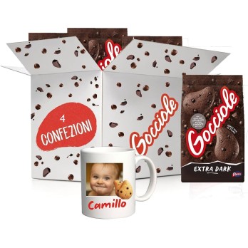 Biscotti Frollini Gocciole extra dark 4 Pacchi + Tazza in ceramica bianca personalizzabile
