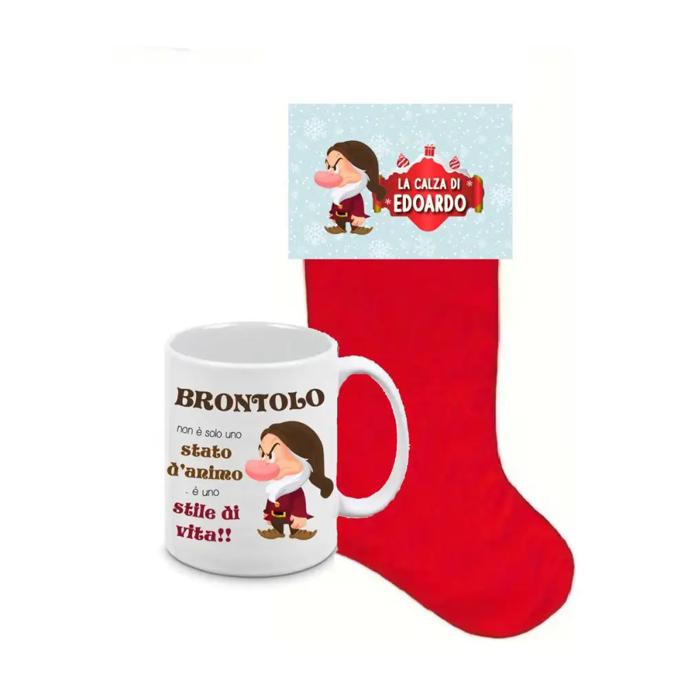 Calza della befana Brontolo con etichetta e tazza personalizzabili