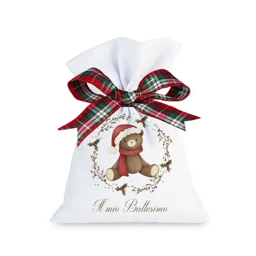 10 Sacchetti personalizzabili Battesimo orsetto Natalizio
