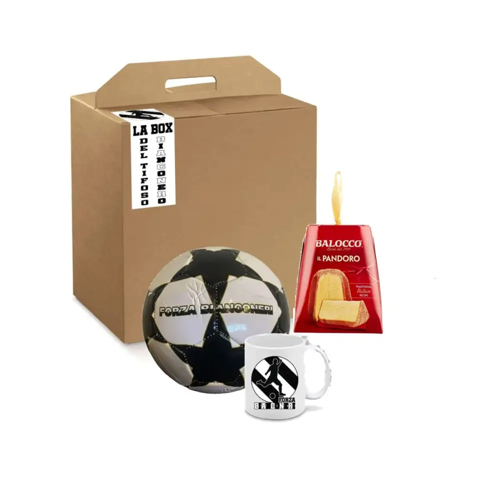 Box regalo Mini pandoro Balocco 80 g + Pallone e tazza Juventus tifoso Bianconero