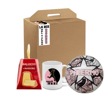 Box regalo Mini pandoro Balocco 80 g + Pallone e tazza Palermo tifoso Rosanero