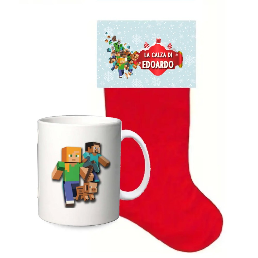 Calza della befana Minecraft con etichetta e tazza personalizzabili