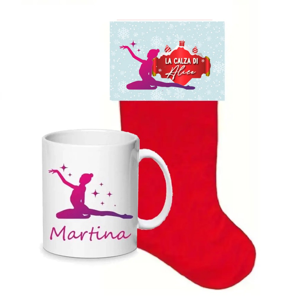 Calza della befana Ginnastica artistica con etichetta e tazza personalizzabili