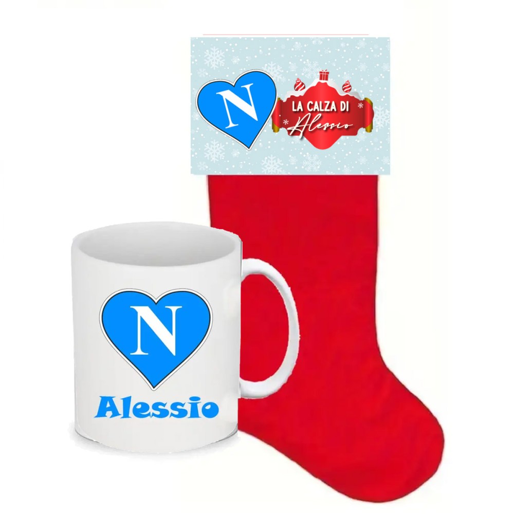 Calza della befana Napoli con etichetta e tazza personalizzabili