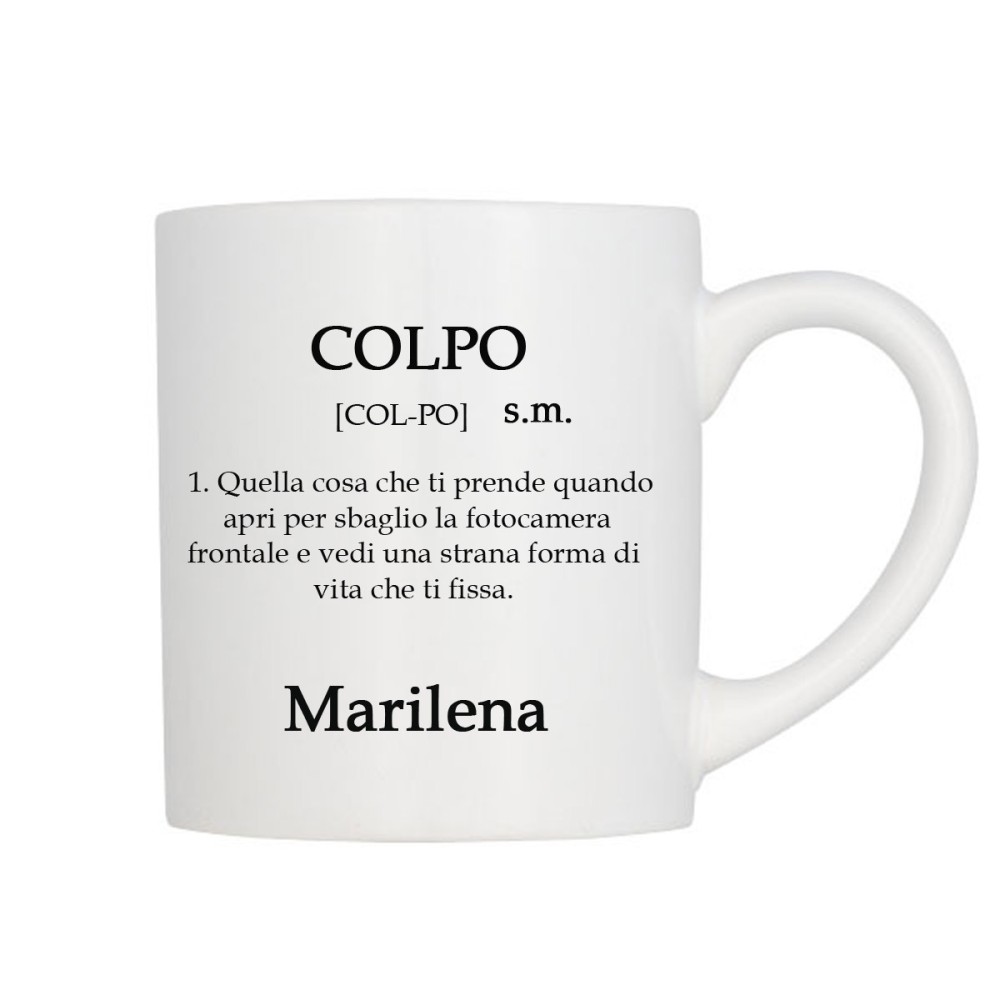Tazza "Colpo" con descrizione divertente personalizzabile