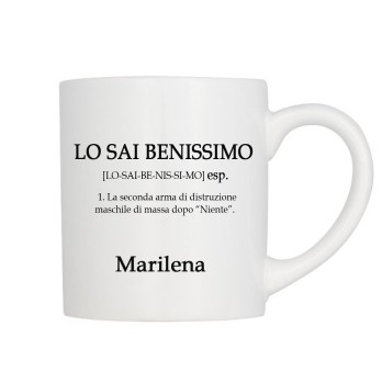 Tazza "Lo sai benissimo" con descrizione divertente personalizzabile