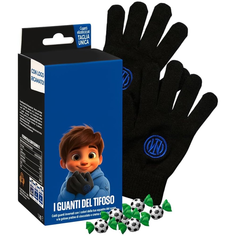 Guanti del Tifoso NERAZZURRO con Logo Ricamato e Praline di Cioccolata a Latte con Ripieno alla Nocciola 80g