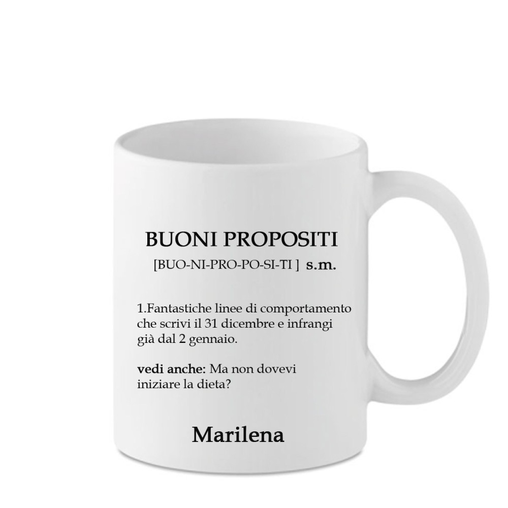 Tazza " Buoni propositi " con descrizione divertente personalizzabile