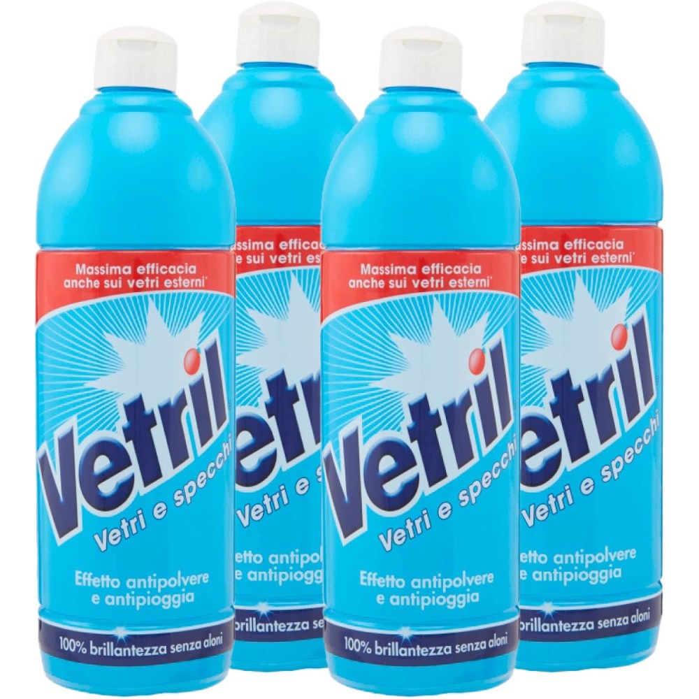 Vetril Squeeze Detergente Vetri e Specchi Multisuperficie con Azione Antipolvere e Antipioggia 650 ml x 4 Pezzi