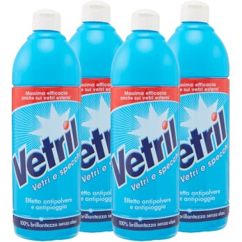 Vetril Squeeze Detergente Vetri e Specchi Multisuperficie con Azione Antipolvere e Antipioggia 650 ml x 4 Pezzi